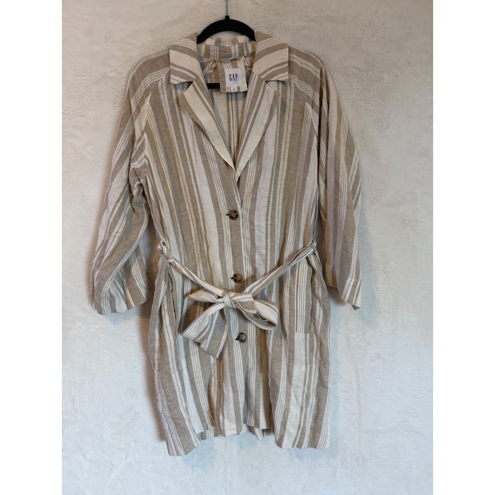 Gap Linen Blend Striped Shirt Dress Womens Small Tan White Long Sleeve Belted